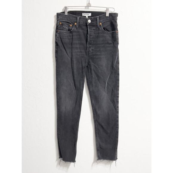 Re/Done Jeans 28 Denim Black Gray Raw Hem Faded Coal Straight Stretch Button Fly - Picture 1 of 9